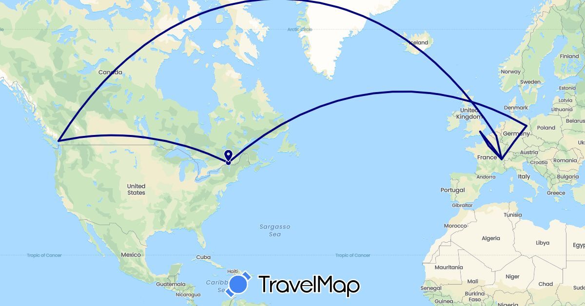 TravelMap itinerary: driving in Belgium, Canada, Switzerland, Germany, France, United Kingdom (Europe, North America)